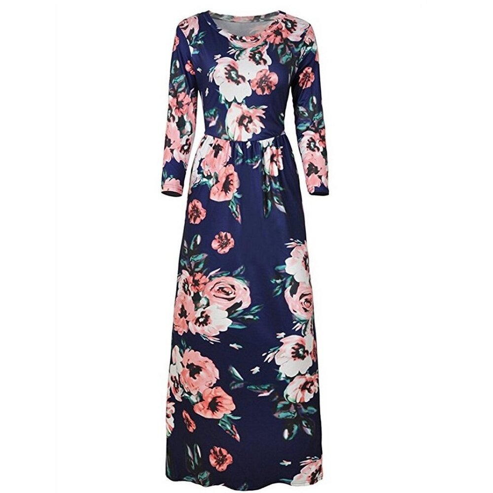 Women's Gathered Waist Navy Floral Print Bohemian Maxi Dress w/Pockets | XS-L - Picture 5 of 9